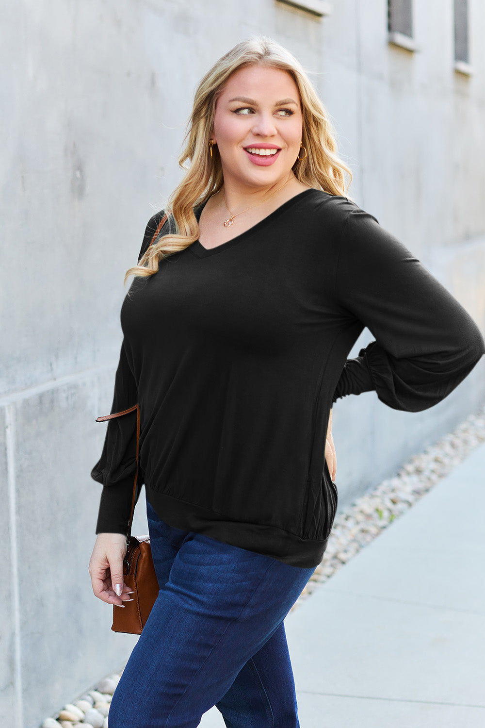 Basic Bae Full Size V-Neck Lantern Sleeve Top 6651 | Gulf Resellers