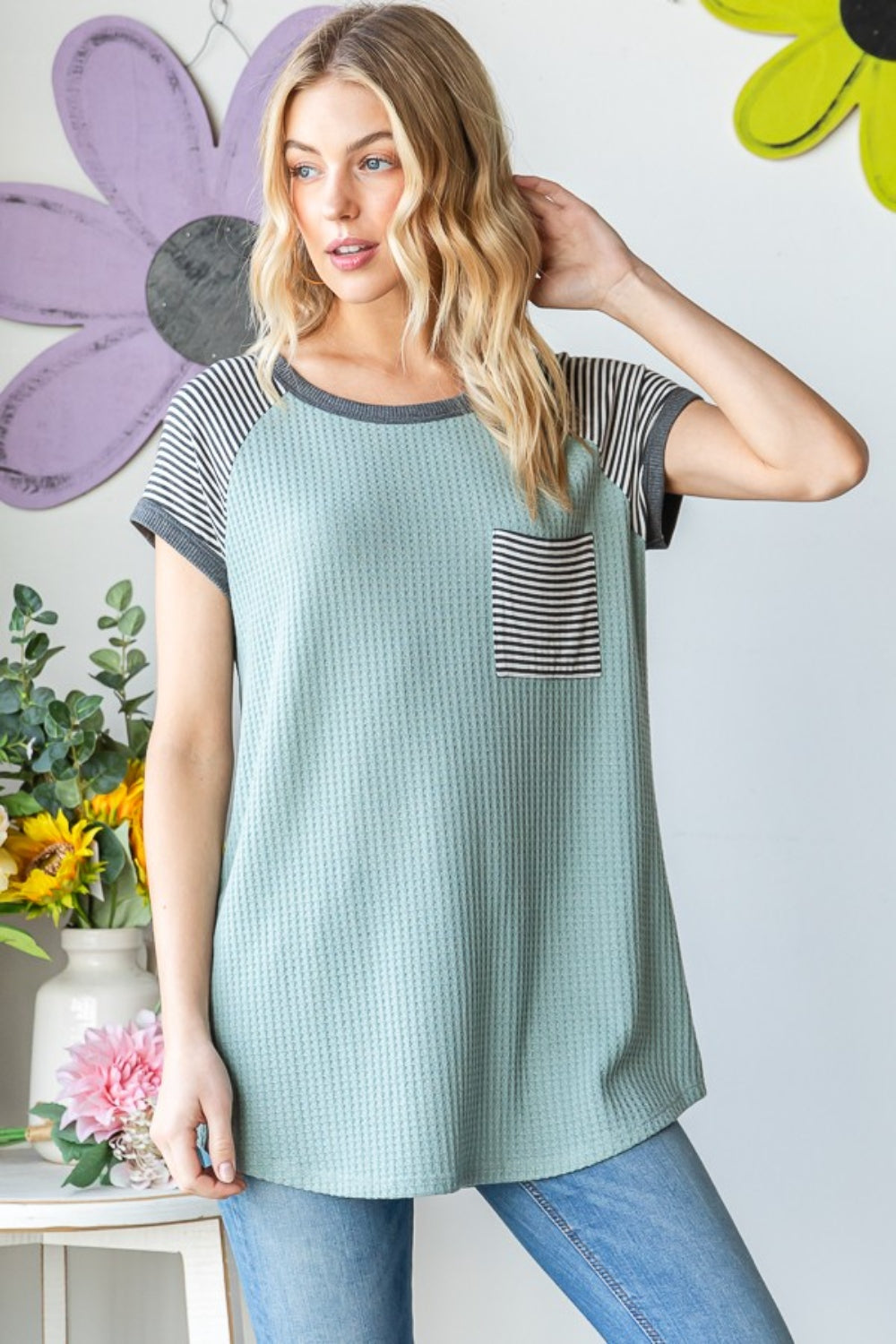 Heimish Full Size Striped Short Sleeve Waffle T-Shirt 7225 | Gulf Resellers