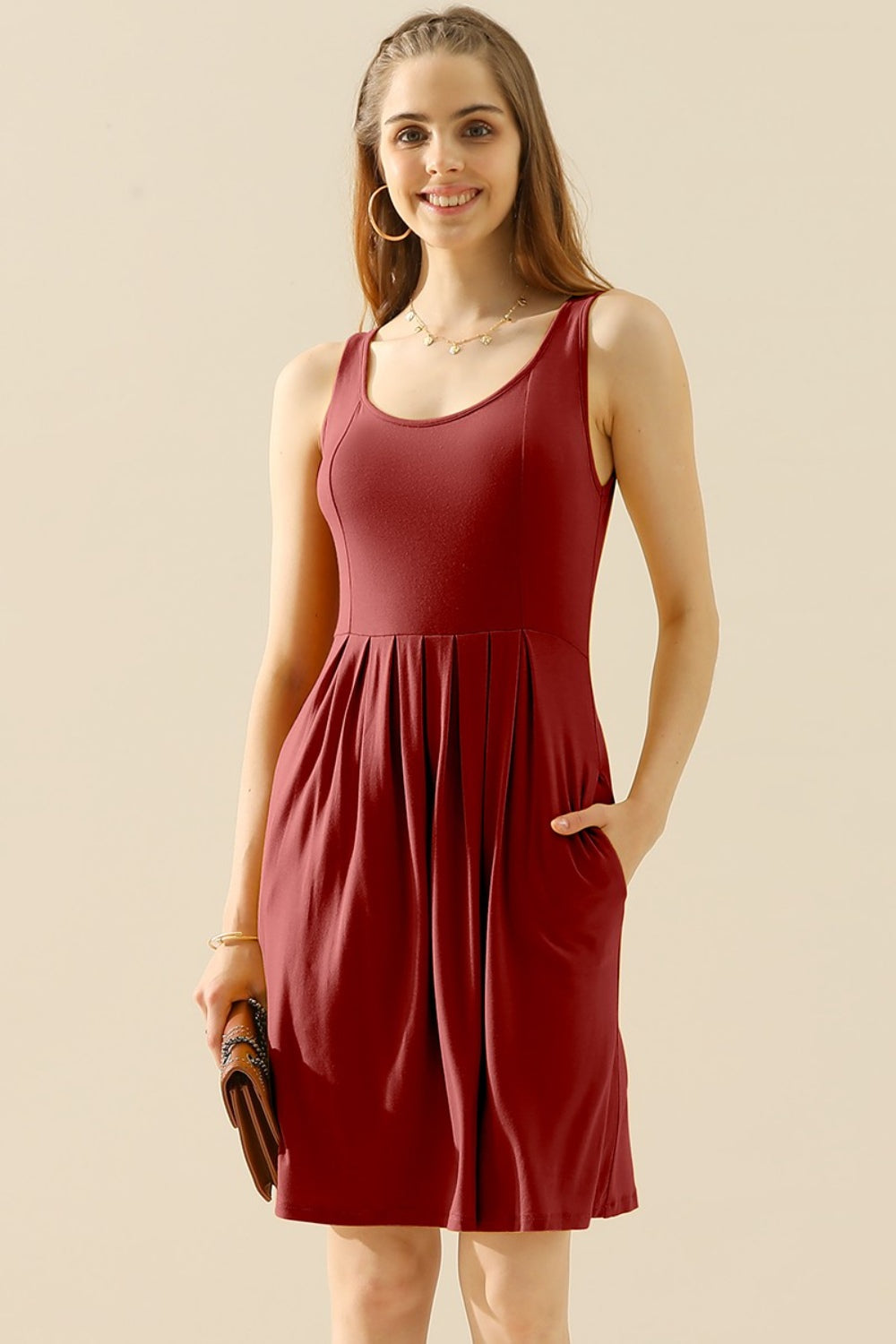 Doublju Full Size Round Neck Ruched Sleeveless Dress with Pockets | Gulf Resellers