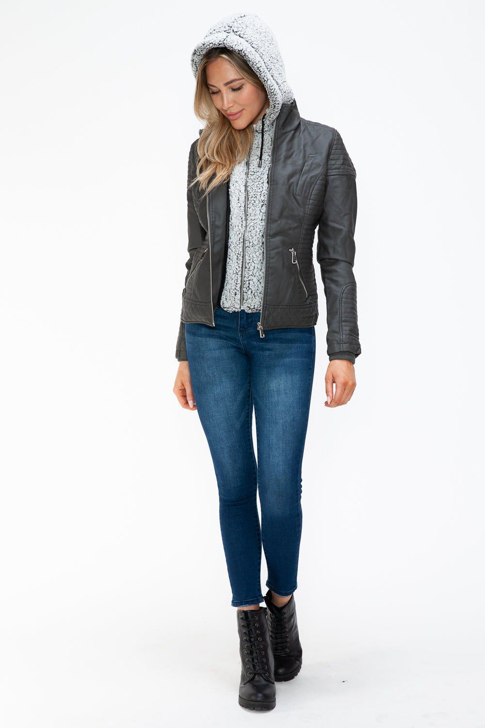 YMI Faux Layered Double-Zipper Jacket with Fuzzy Hood 15397 | Gulf Resellers