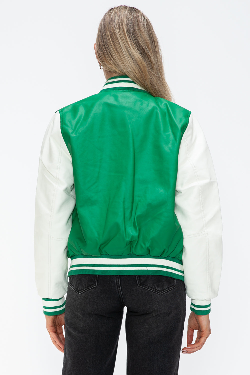 Love Me Now PU Leather Contrast Snap Down Bomber Jacket 15770 | Gulf Resellers
