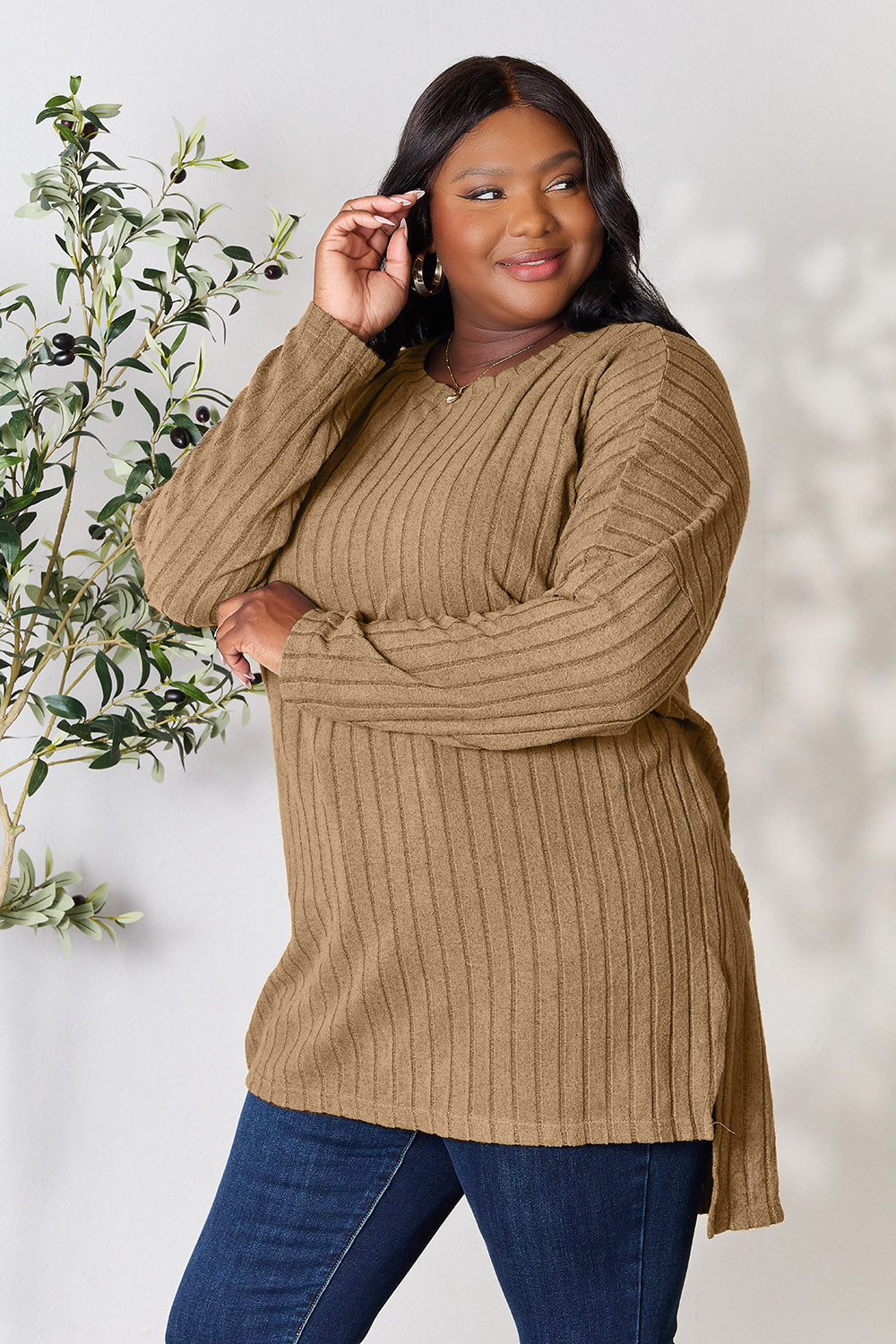 Basic Bae Full Size Ribbed Round Neck Long Sleeve Slit Top | Gulf Resellers