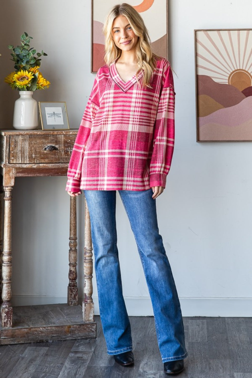 Heimish Plaid Drop Shoulder V-Neck T-Shirt 18199 | Gulf Resellers