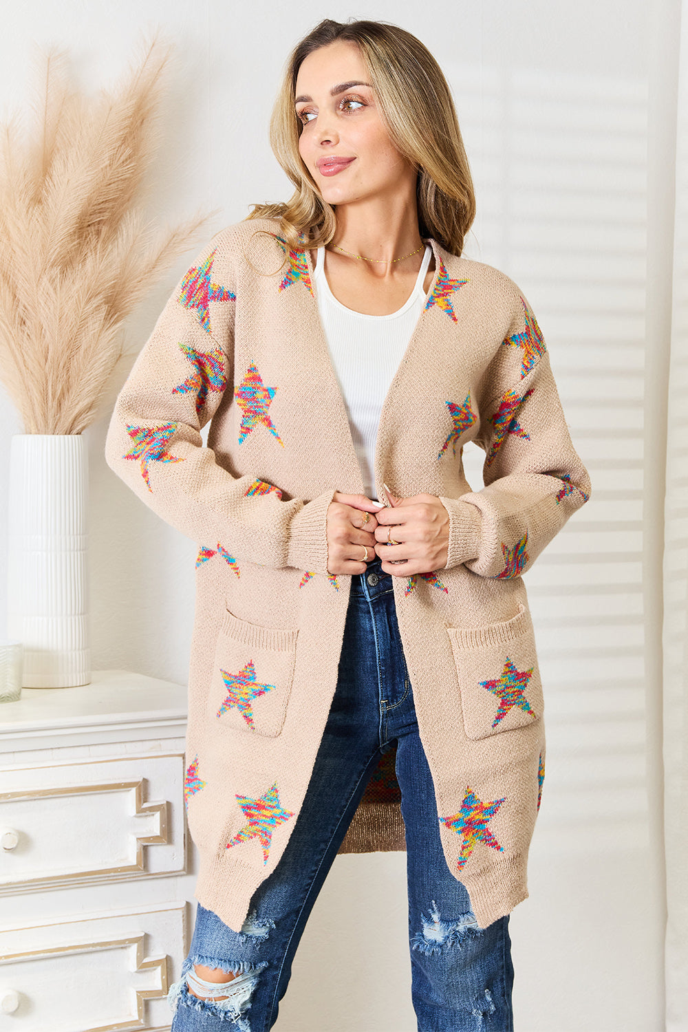 Angel Wings Star Pattern Open Front Longline Cardigan 9014 | Gulf Resellers