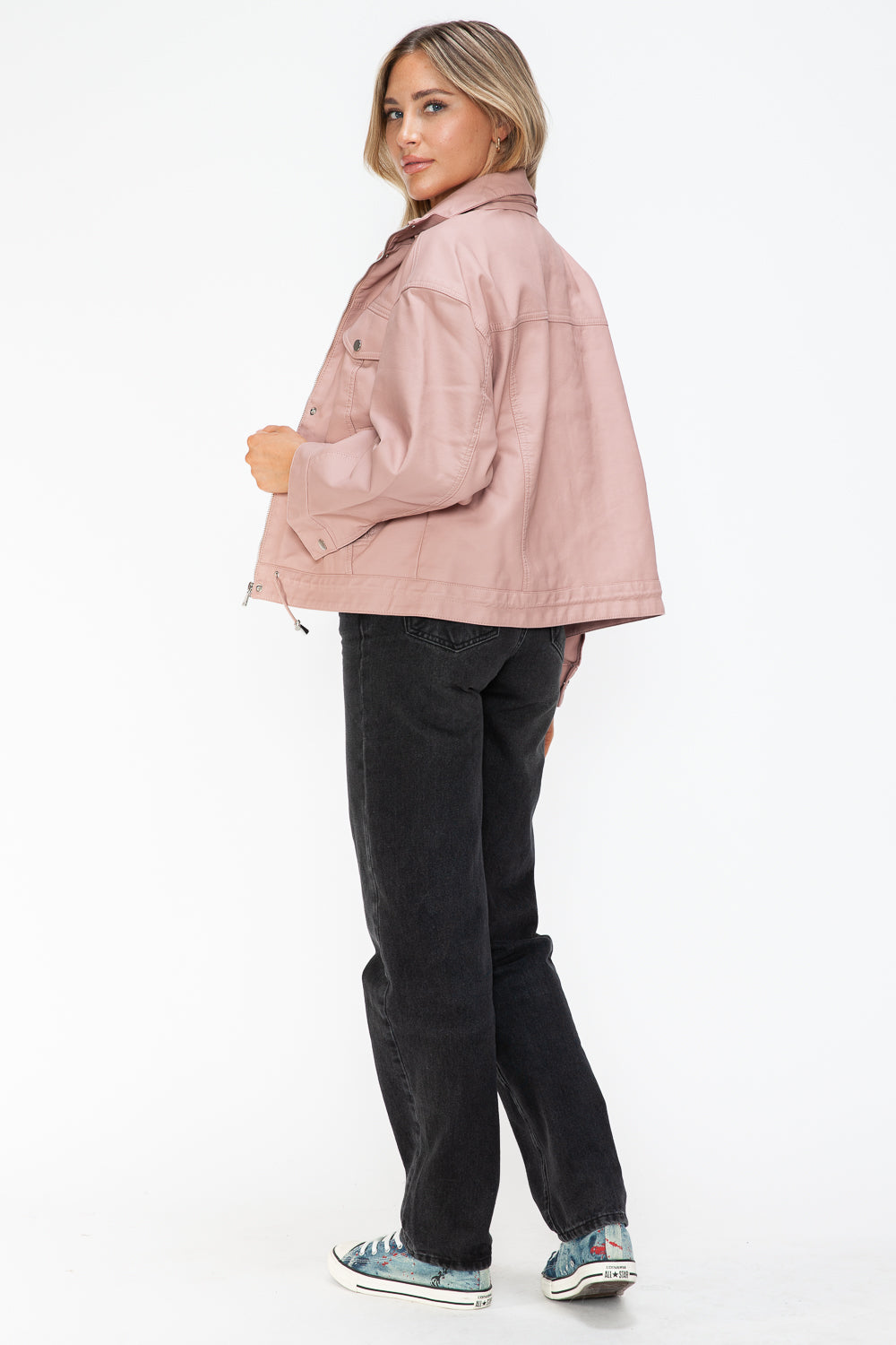 How Dare U Drawstring Hem PU Leather Zip Up Jacket 15561 | Gulf Resellers