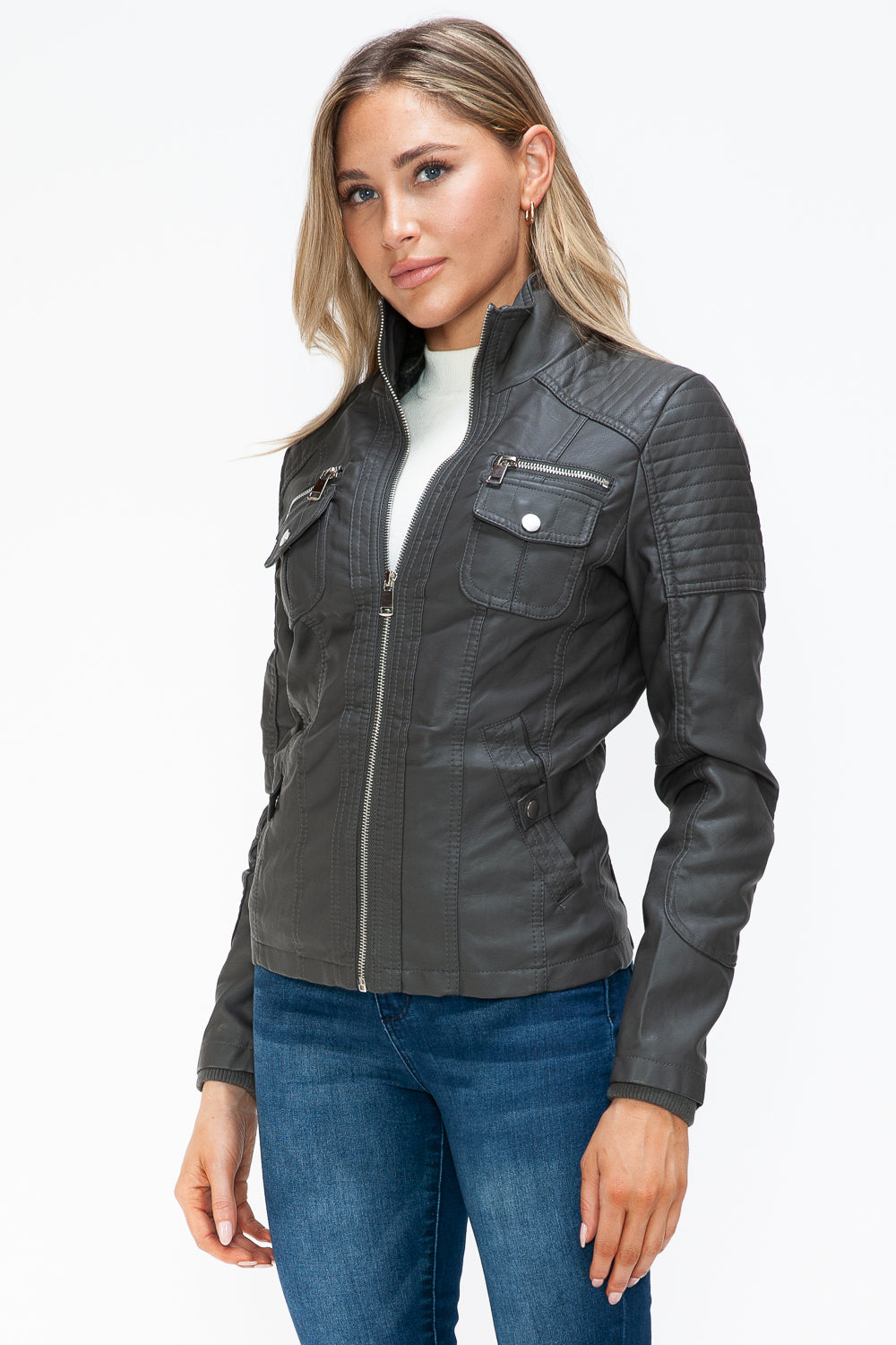 YMI Removable Faux Layered Multi-Pocket Jacket with Fuzzy Hood 15254 | Gulf Resellers