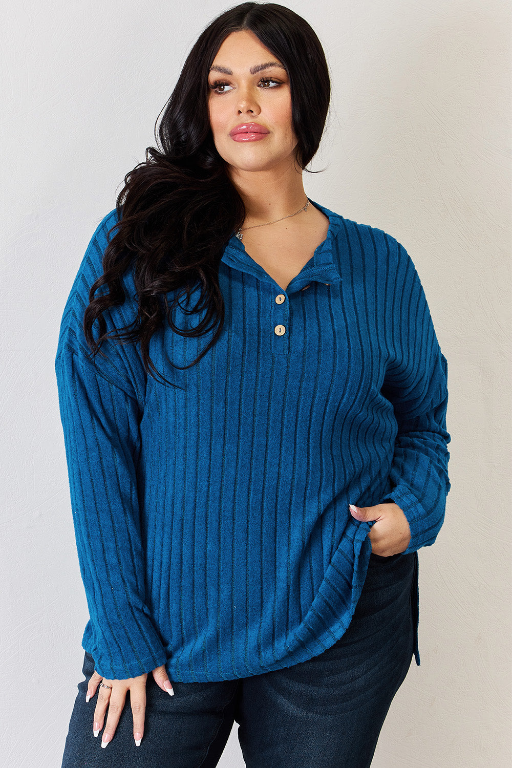 Basic Bae Full Size Ribbed Half Button Long Sleeve High-Low T-Shirt | Gulf Resellers