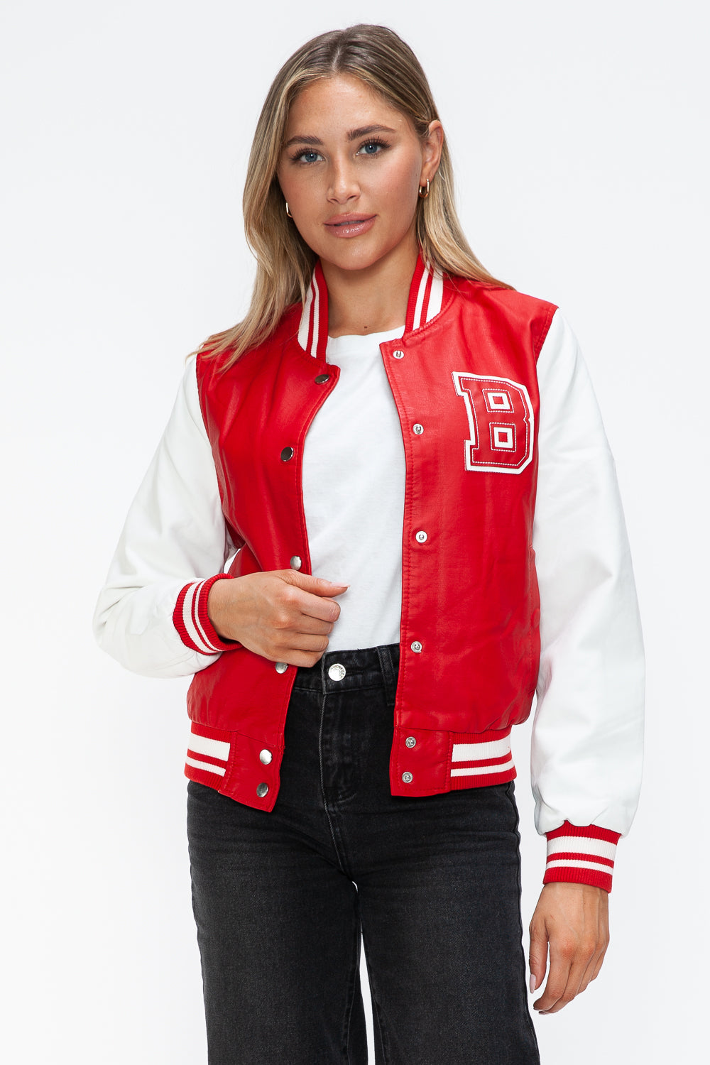 Love Me Now PU Leather Contrast Snap Down Bomber Jacket 15746 | Gulf Resellers