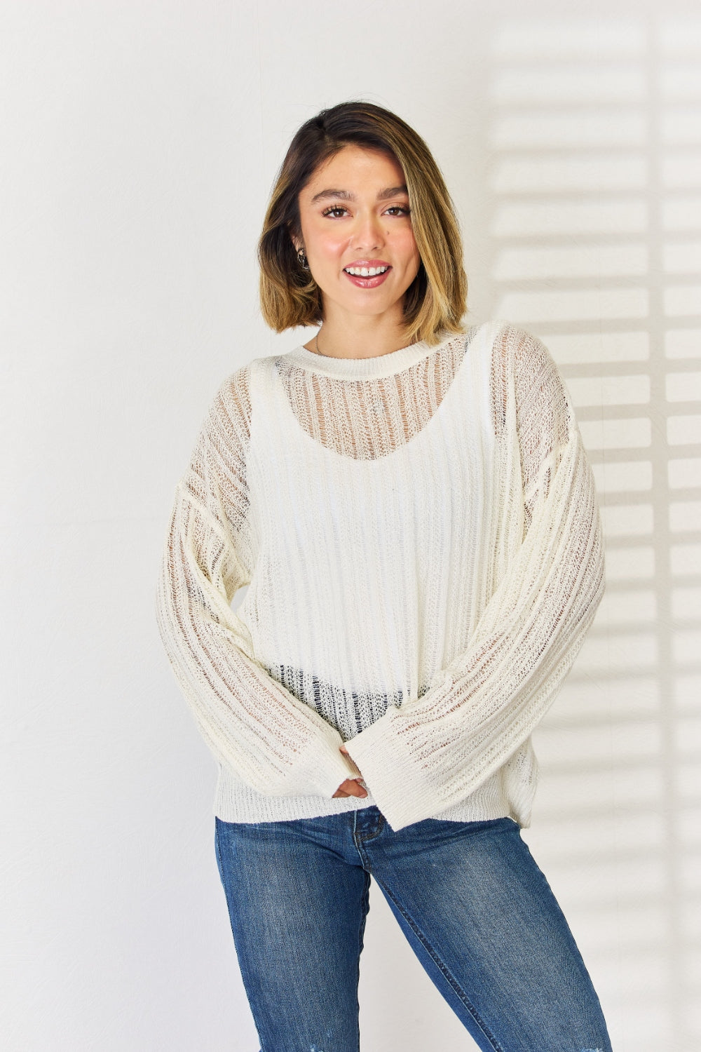 HYFVE Openwork Ribbed Trim Long Sleeve Knit Top | Gulf Resellers