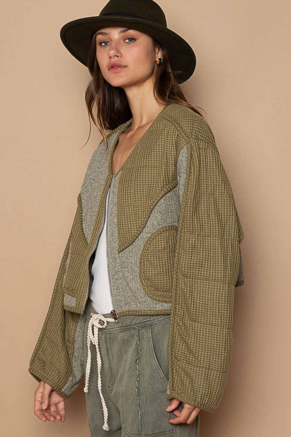 POL Quilted Knit Viding Detail Knit Patch Jacket 13077 | Gulf Resellers