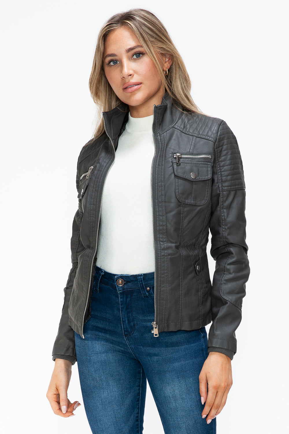 YMI Removable Faux Layered Multi-Pocket Jacket with Fuzzy Hood 15250 | Gulf Resellers