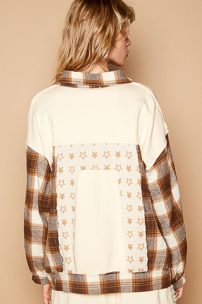 POL Plaid & Star Patchwork Contrast Long Sleeve Shacket 12316 | Gulf Resellers
