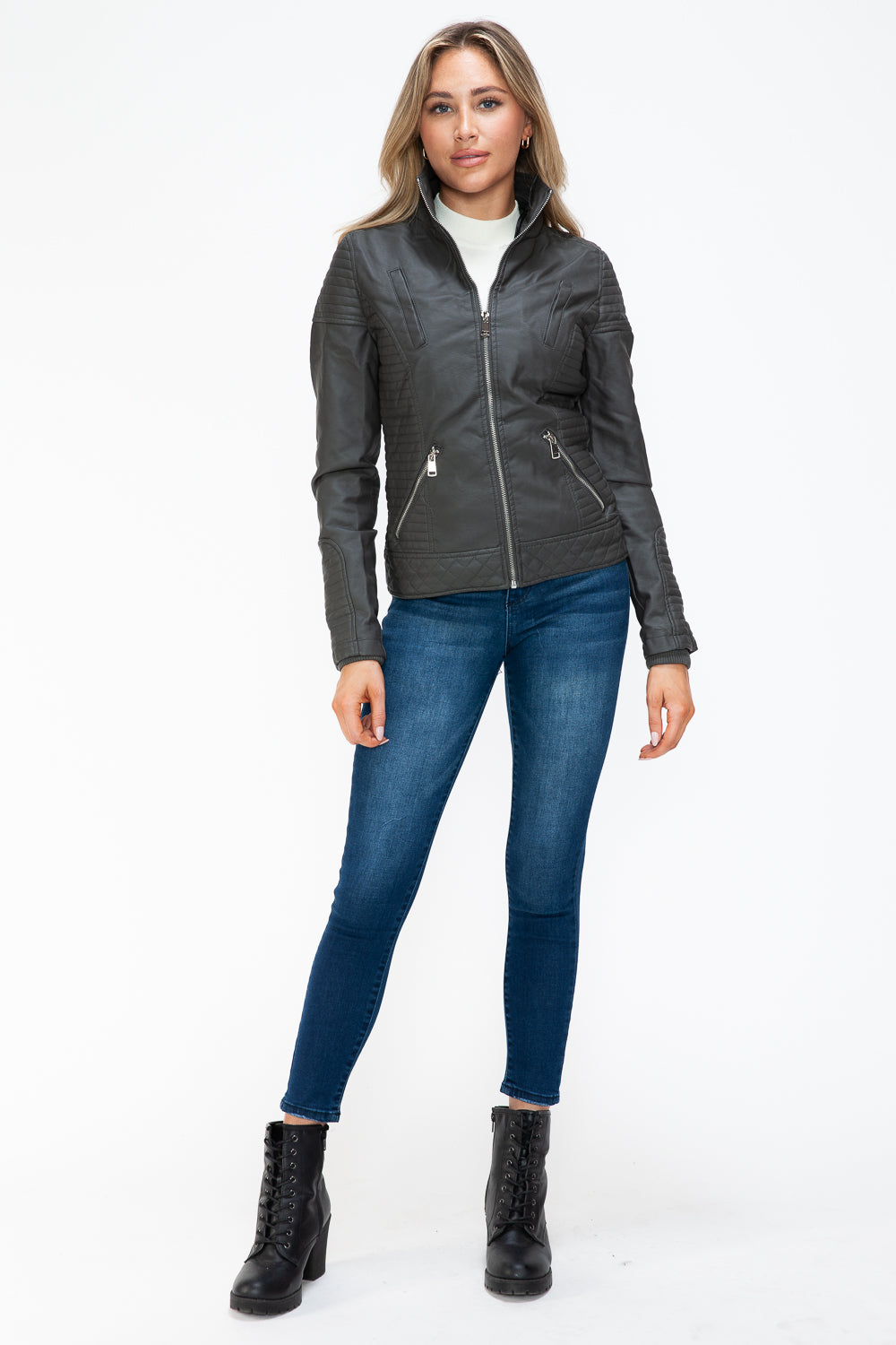 YMI Faux Layered Double-Zipper Jacket with Fuzzy Hood 15399 | Gulf Resellers
