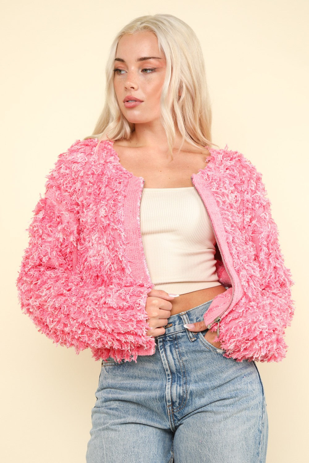 VERY J Shaggy Yarn Knit Zip Up Jacket 13257 | Gulf Resellers