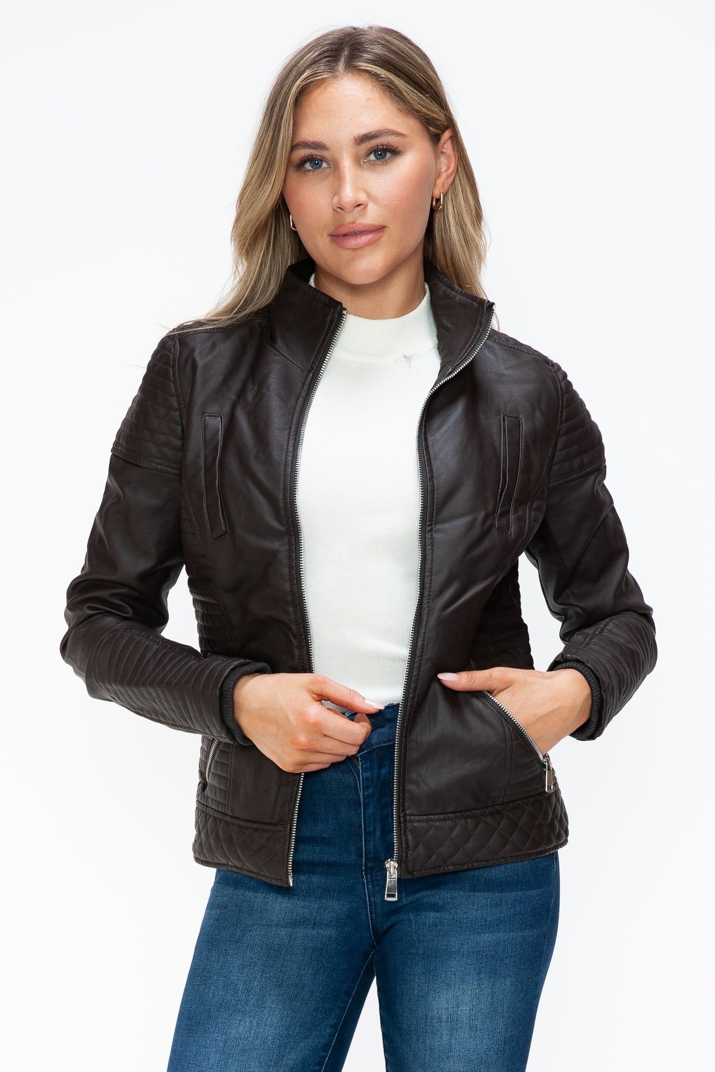 YMI Faux Layered Double-Zipper Jacket with Fuzzy Hood 15952 | Gulf Resellers