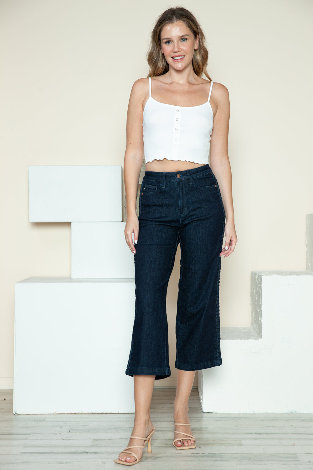 Judy Blue Full Size Side Seam Braid Detail Crop Wide Leg Jeans 10640 | Gulf Resellers