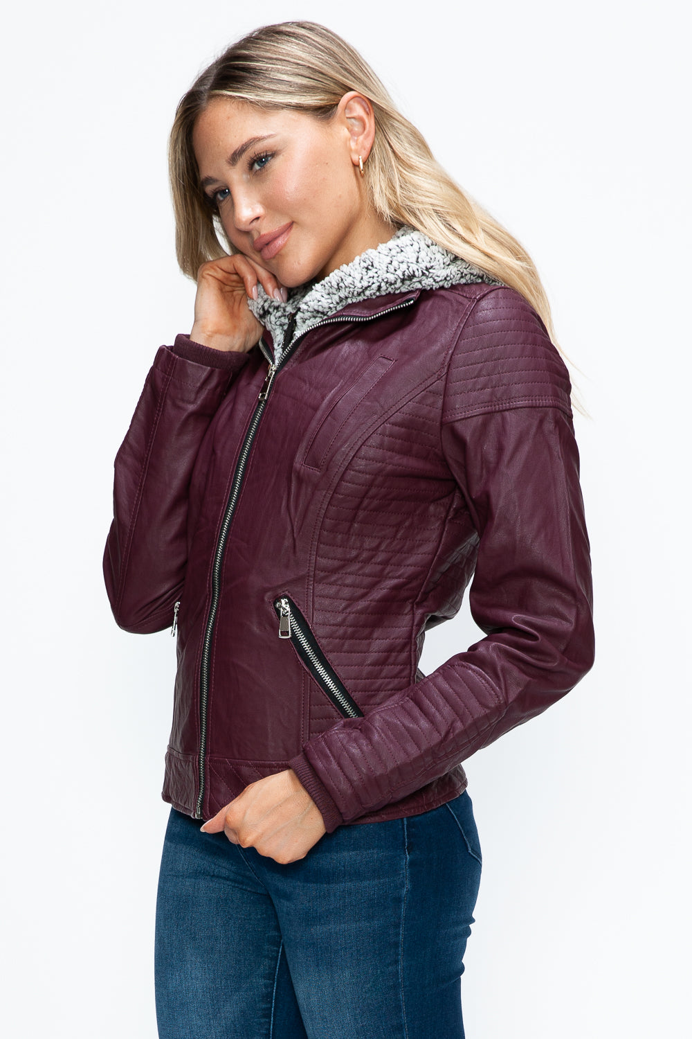 YMI Faux Layered Double-Zipper Jacket with Fuzzy Hood 15728 | Gulf Resellers