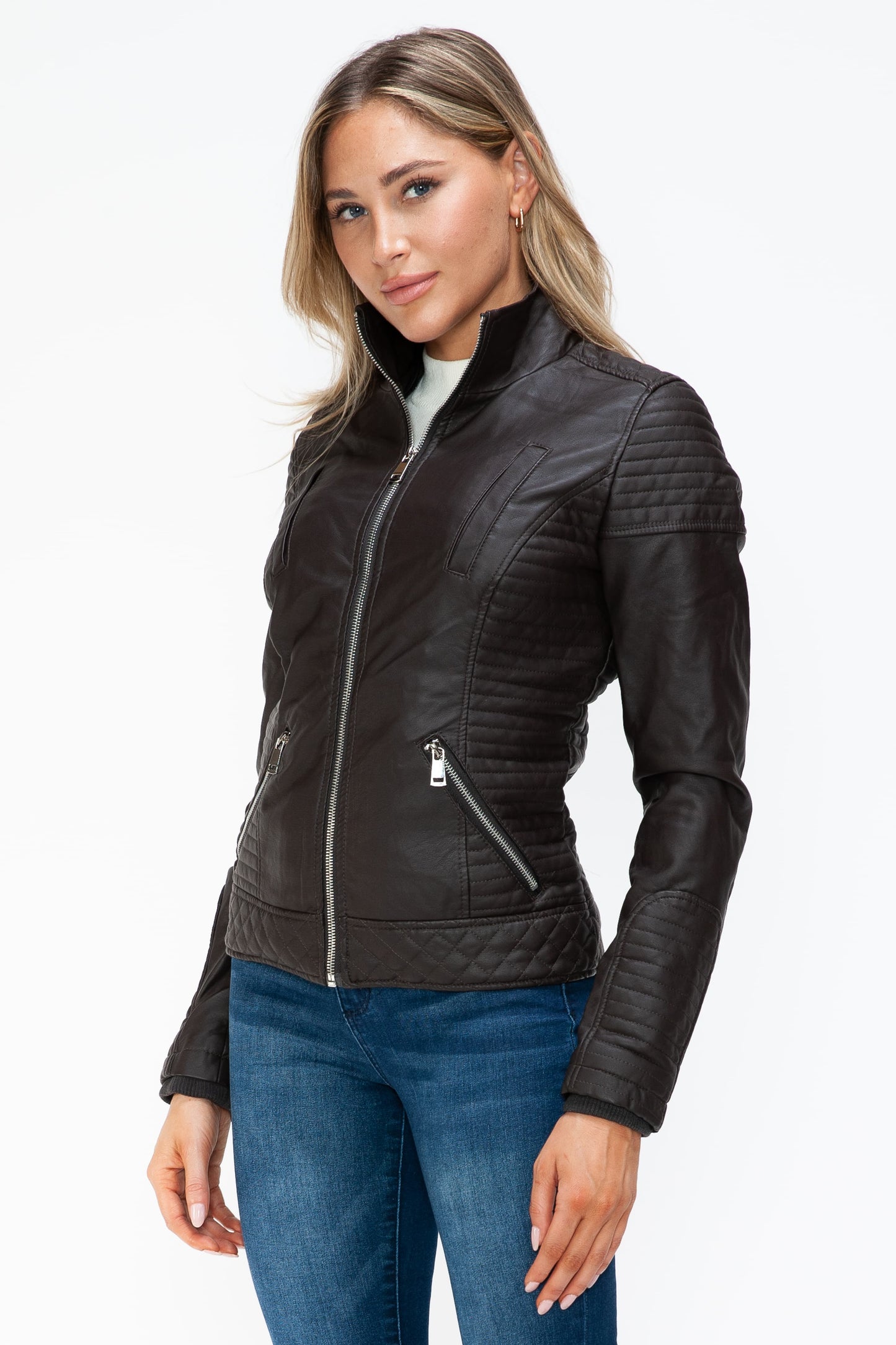 YMI Faux Layered Double-Zipper Jacket with Fuzzy Hood 15957 | Gulf Resellers