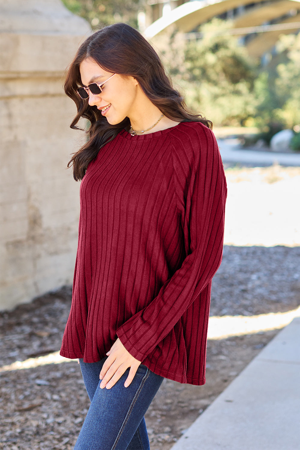 Basic Bae Full Size Ribbed Round Neck Long Sleeve Knit Top | Gulf Resellers