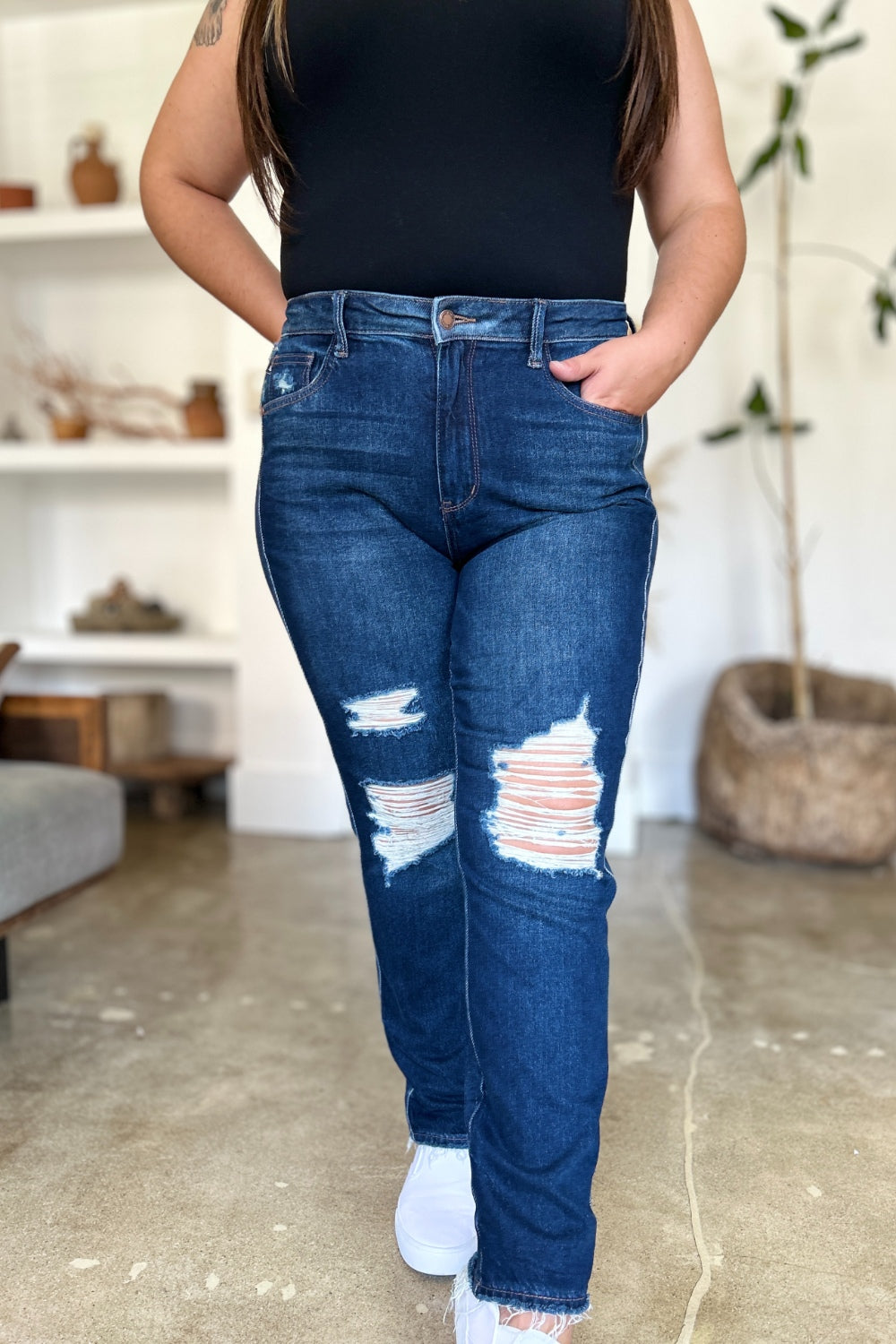 Judy Blue Full Size High Waist Rigid Magic Heavy Destroy Straight Jeans 8548 | Gulf Resellers