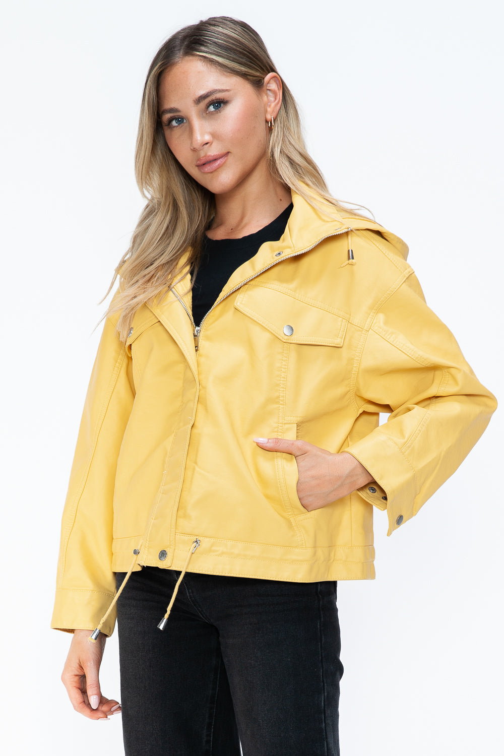 How Dare U Drawstring Hem PU Leather Zip Up Jacket 15669 | Gulf Resellers