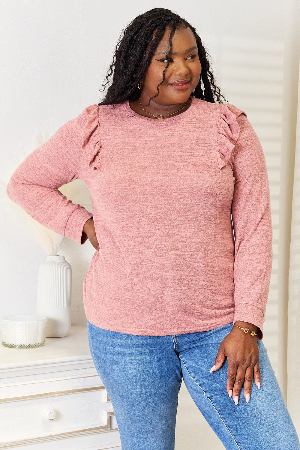 Double Take Ruffle Shoulder Long Sleeve T-Shirt | Gulf Resellers