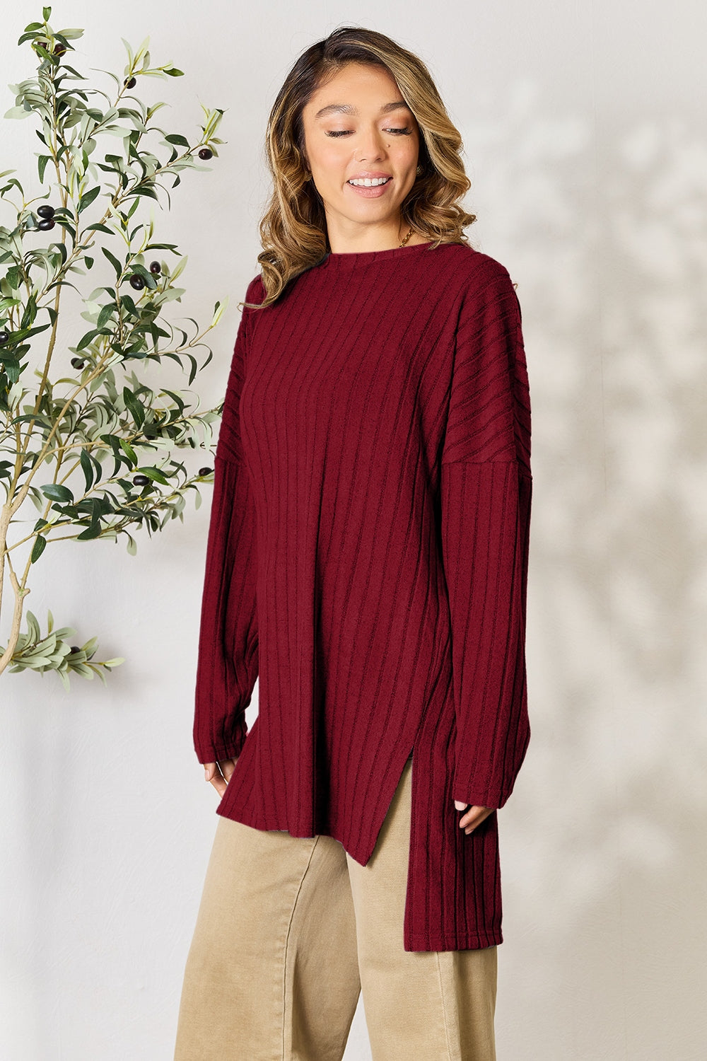 Basic Bae Full Size Ribbed Round Neck Long Sleeve Slit Top | Gulf Resellers