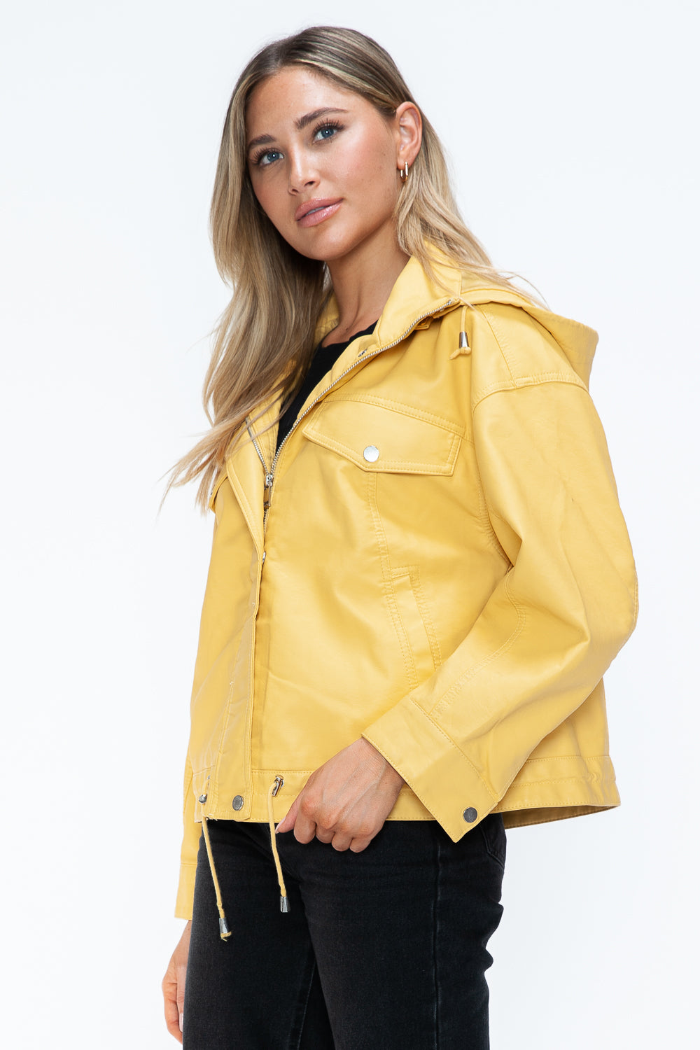 How Dare U Drawstring Hem PU Leather Zip Up Jacket 15668 | Gulf Resellers