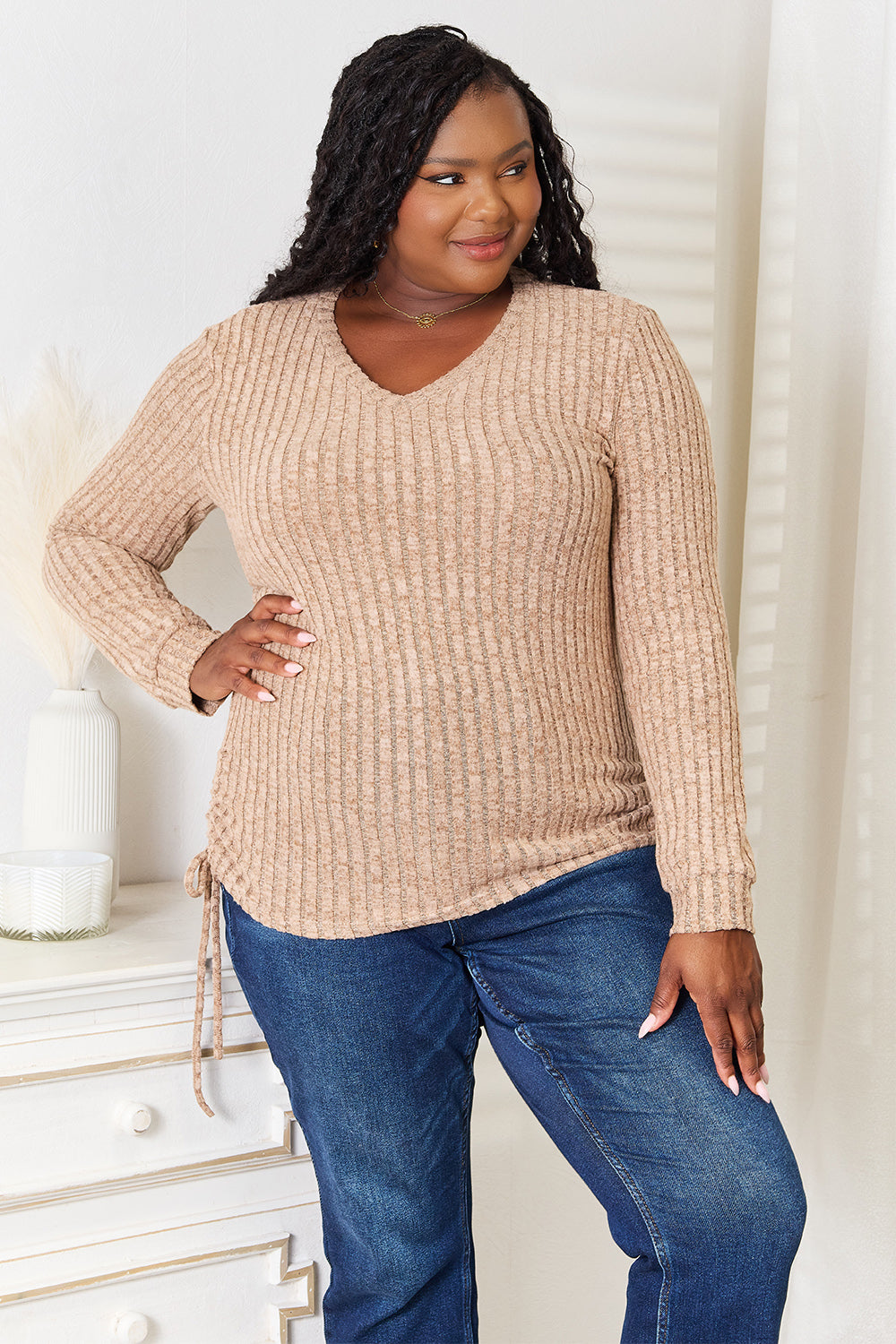 Double Take Drawstring Ribbed Long Sleeve T-Shirt | Gulf Resellers