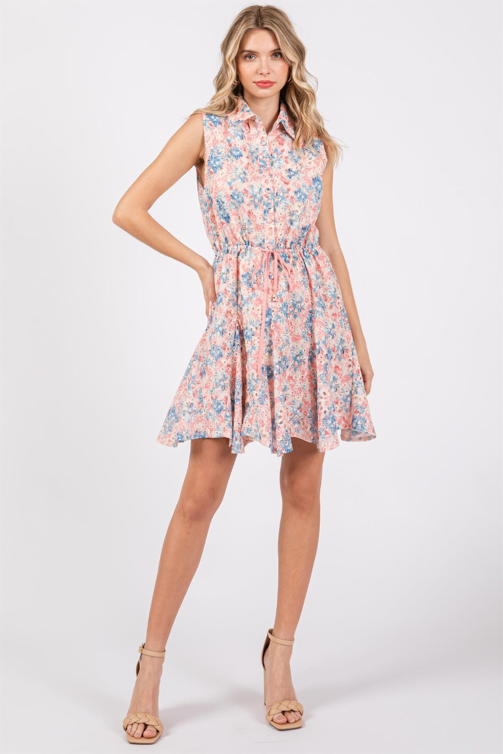 GeeGee Full Size Floral Eyelet Sleeveless Mini Dress 5196 | Gulf Resellers