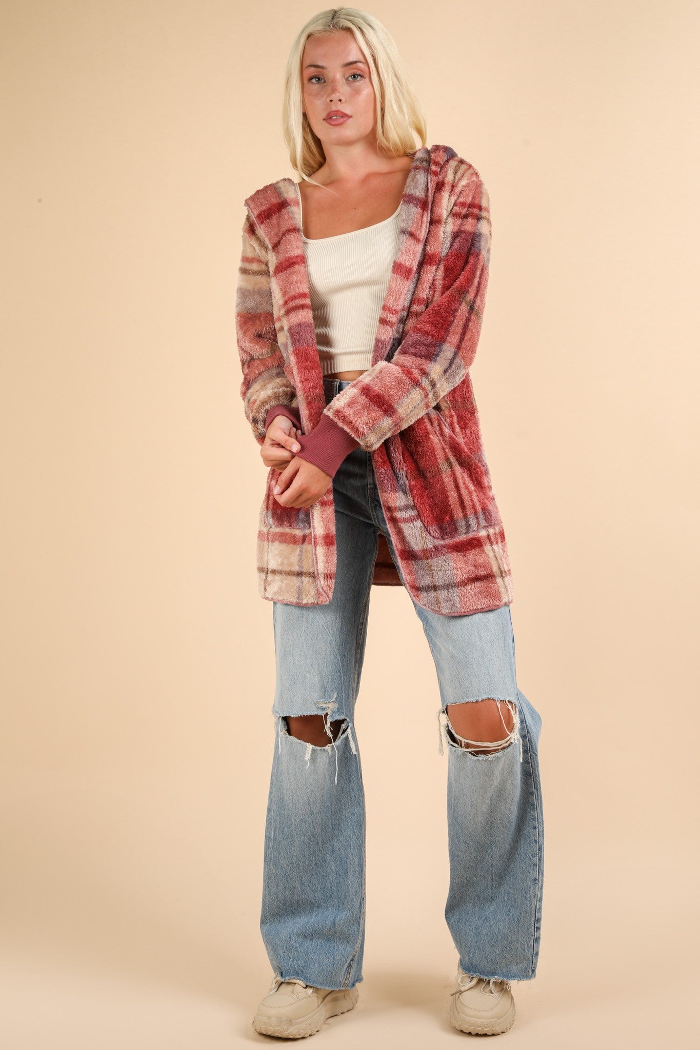 VERY J Fuzzy Plaid Long Sleeve Hooded Jacket 13270 | Gulf Resellers