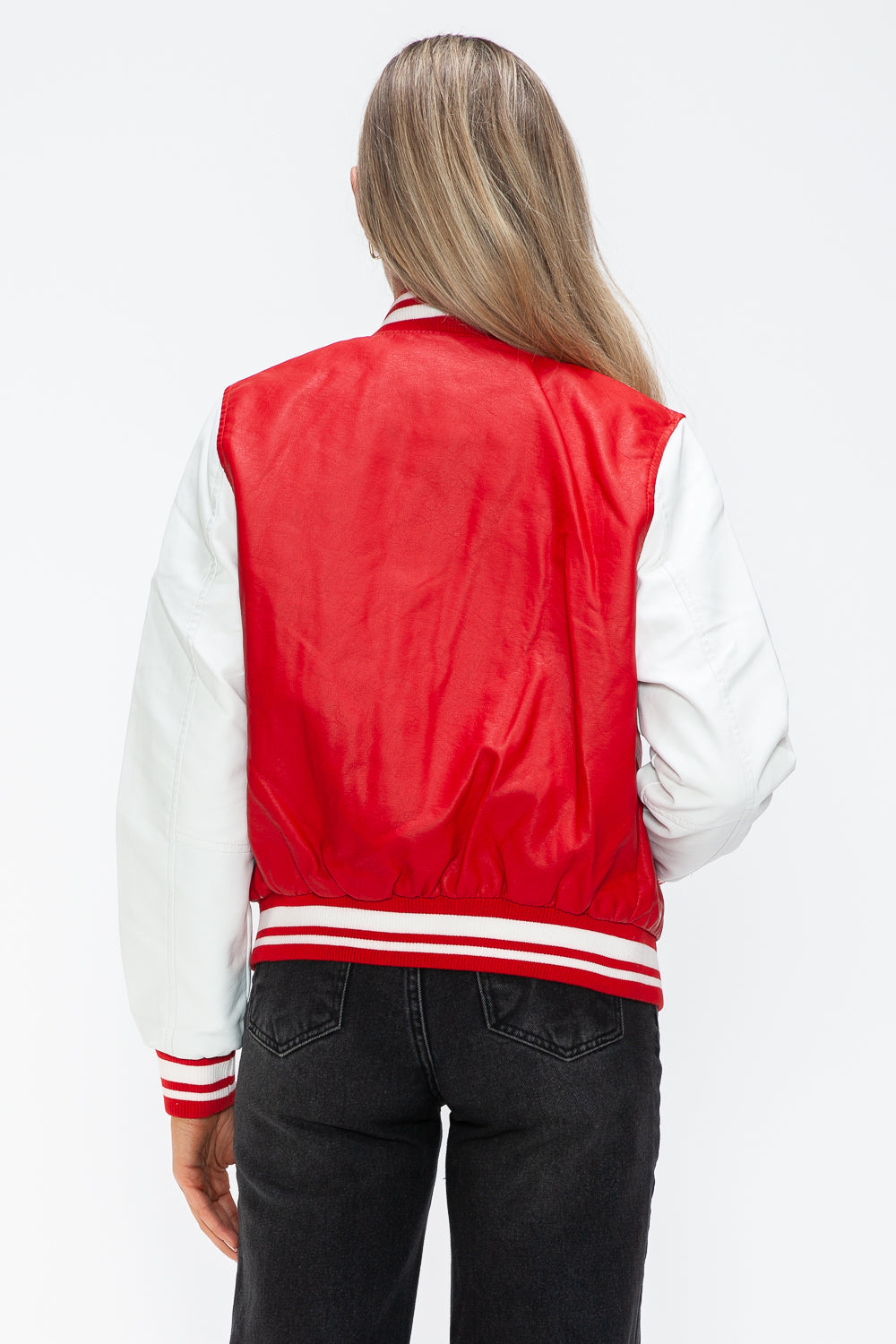 Love Me Now PU Leather Contrast Snap Down Bomber Jacket 15743 | Gulf Resellers
