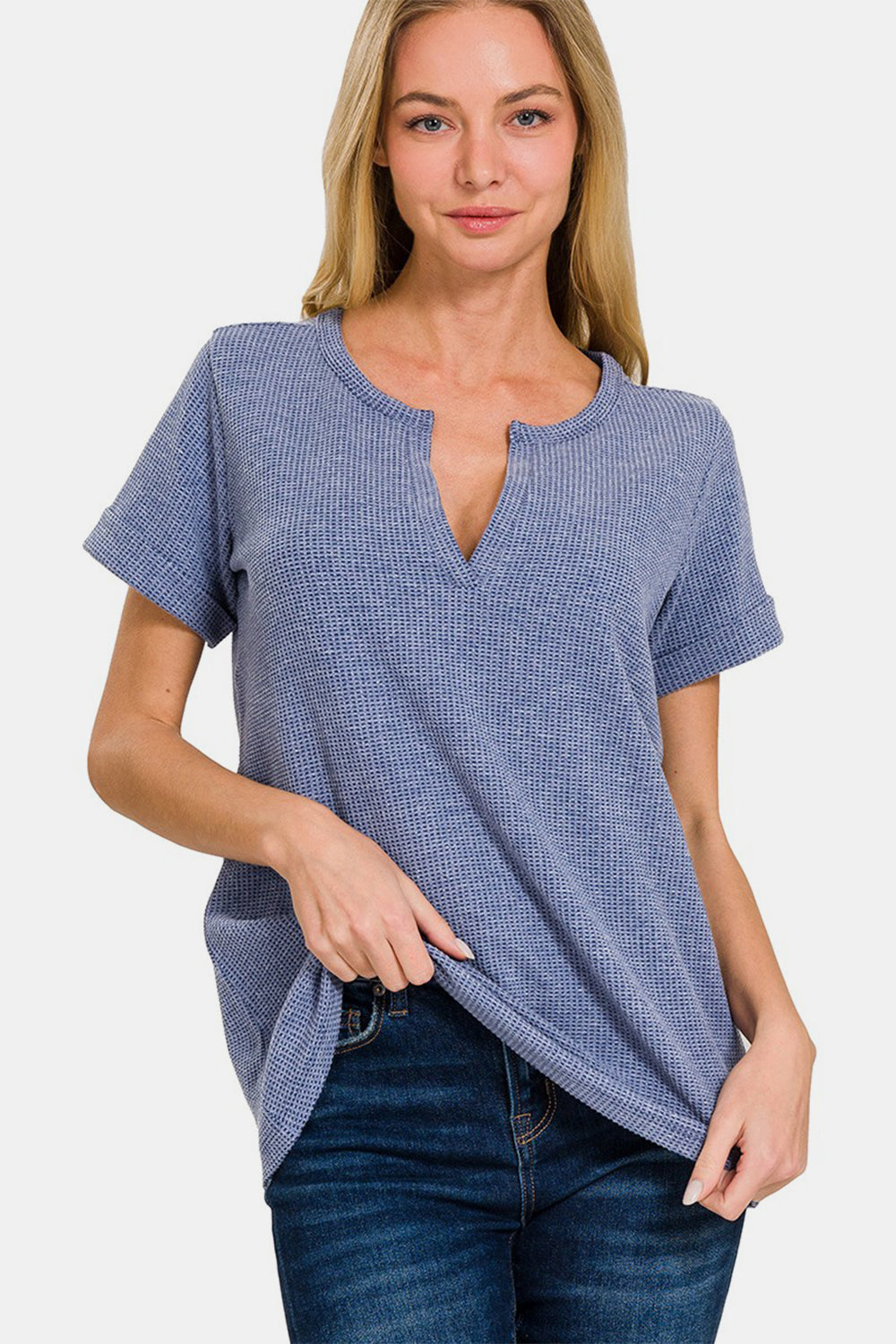Zenana Notched Short Sleeve Waffle T-Shirt 7899 | Gulf Resellers
