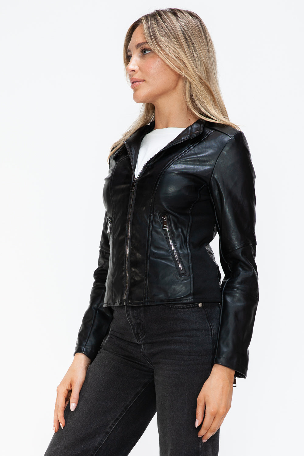 Snobbish Faux Leather Zip Up Drawstring Hooded Jacket 15933 | Gulf Resellers