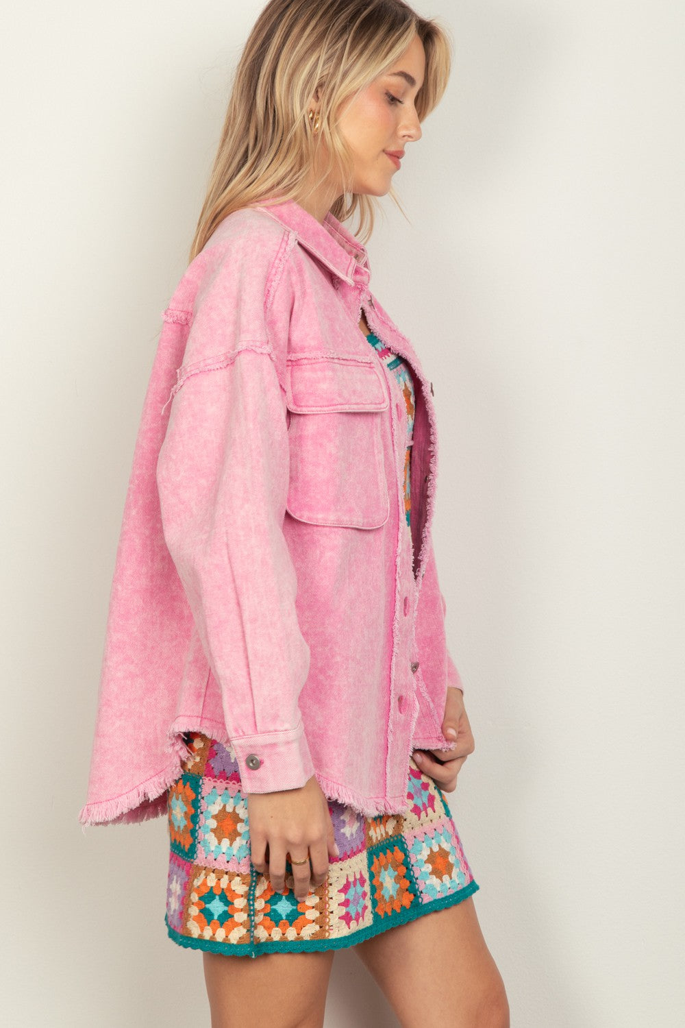 VERY J Full Size Button Up Raw Hem Long Sleeve Jacket 13351 | Gulf Resellers