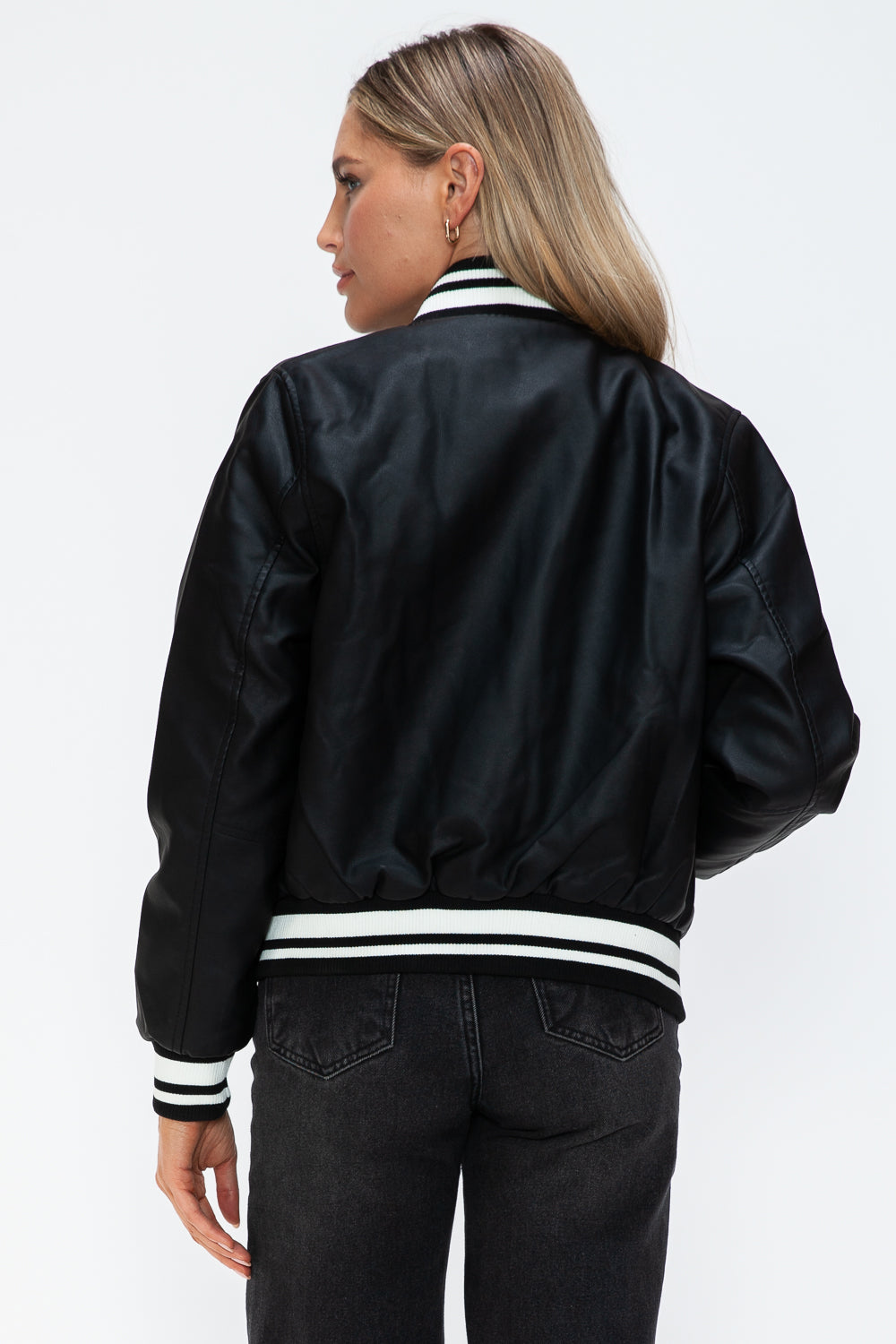 Love Me Now PU Leather Contrast Snap Down Bomber Jacket 15308 | Gulf Resellers