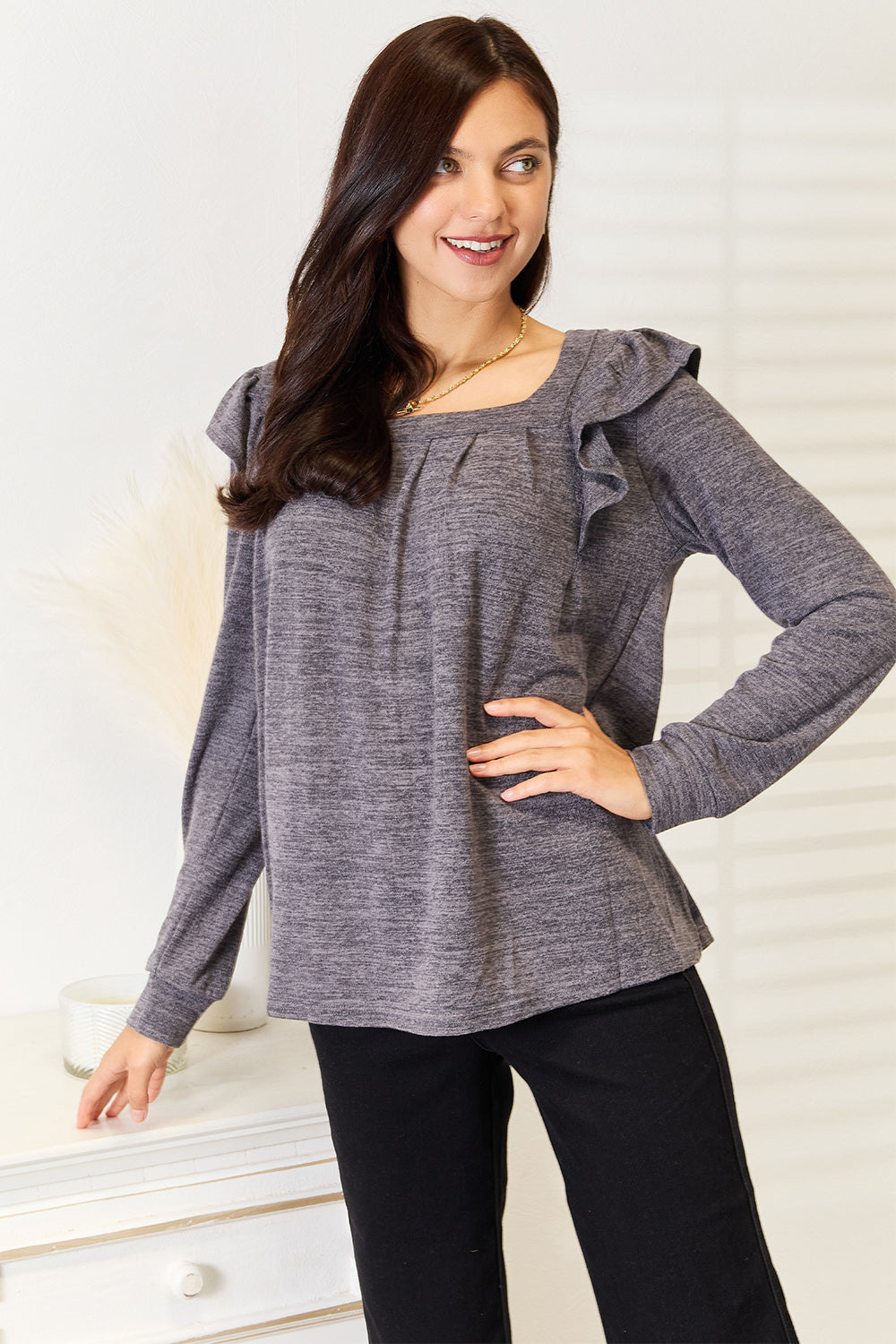 Double Take Square Neck Ruffle Shoulder Long Sleeve T-Shirt | Gulf Resellers