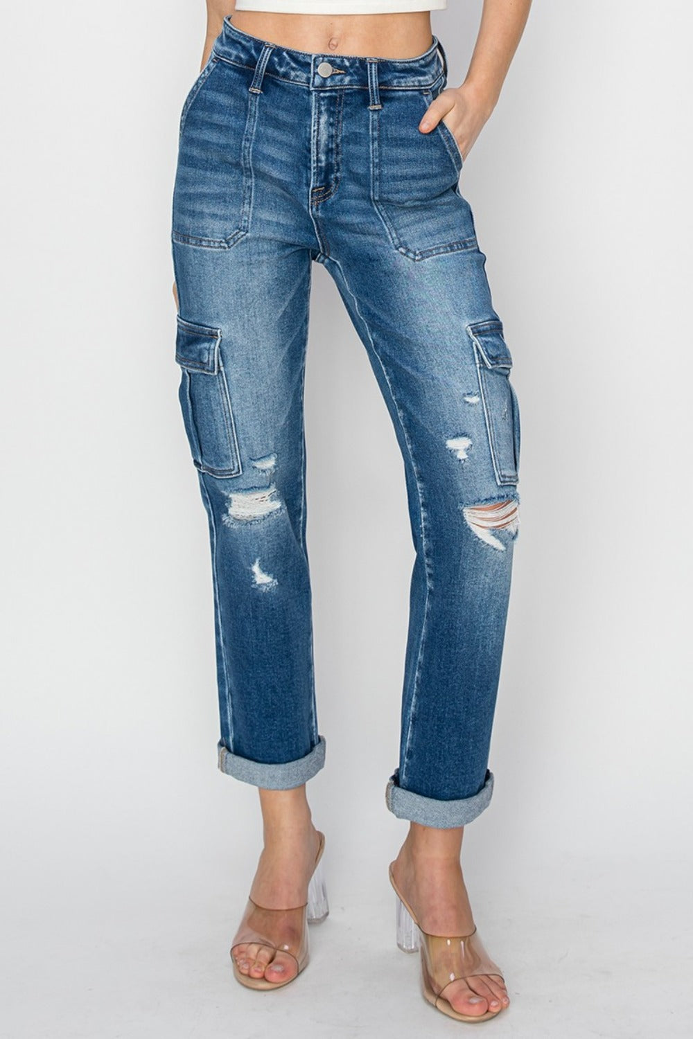 RISEN Full Size High Rise Cargo Ankle Roll Up Straight Jeans 10780 | Gulf Resellers
