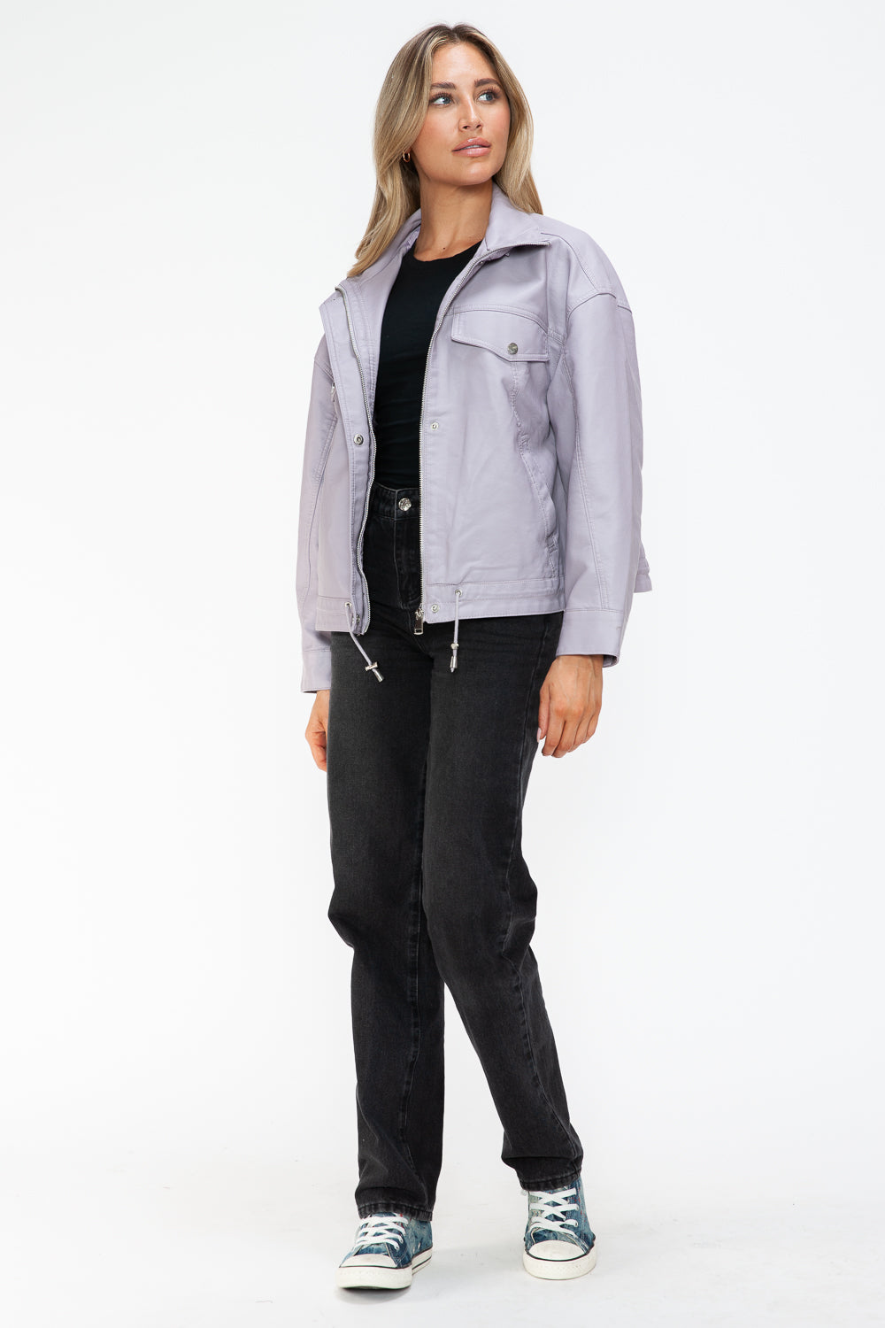 How Dare U Drawstring Hem PU Leather Zip Up Jacket 15456 | Gulf Resellers