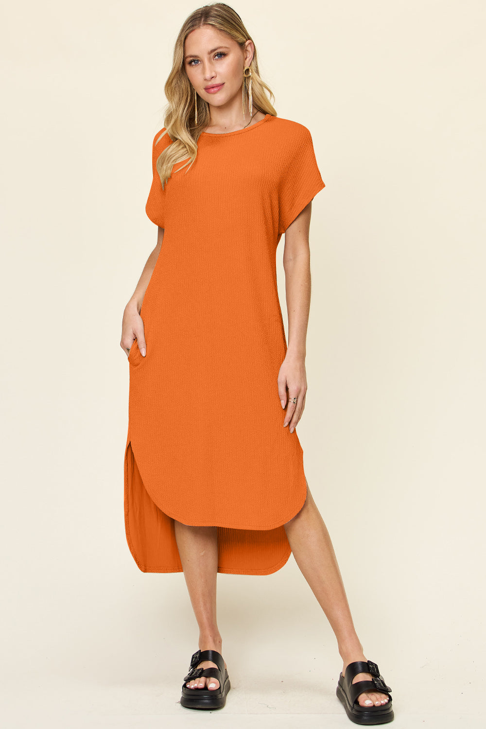 Double Take Full Size Round Neck Short Sleeve Slit Dress 5472 | Gulf Resellers