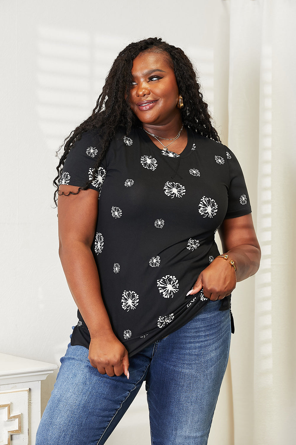 Double Take Dandelion Print Round Neck T-Shirt | Gulf Resellers