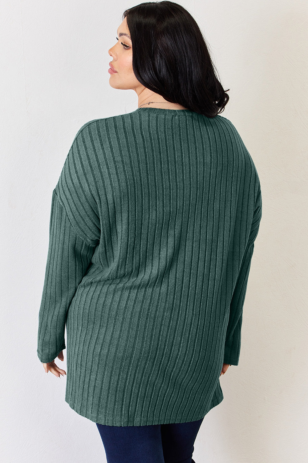 Basic Bae Full Size Ribbed Half Button Long Sleeve High-Low T-Shirt | Gulf Resellers