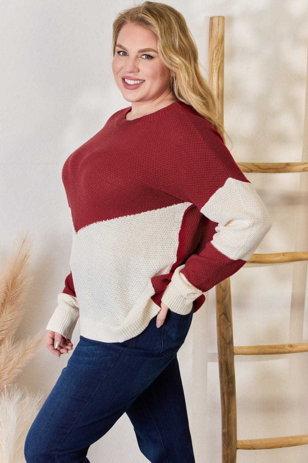 Hailey & Co Full Size Color Block Dropped Shoulder Knit Top | Gulf Resellers