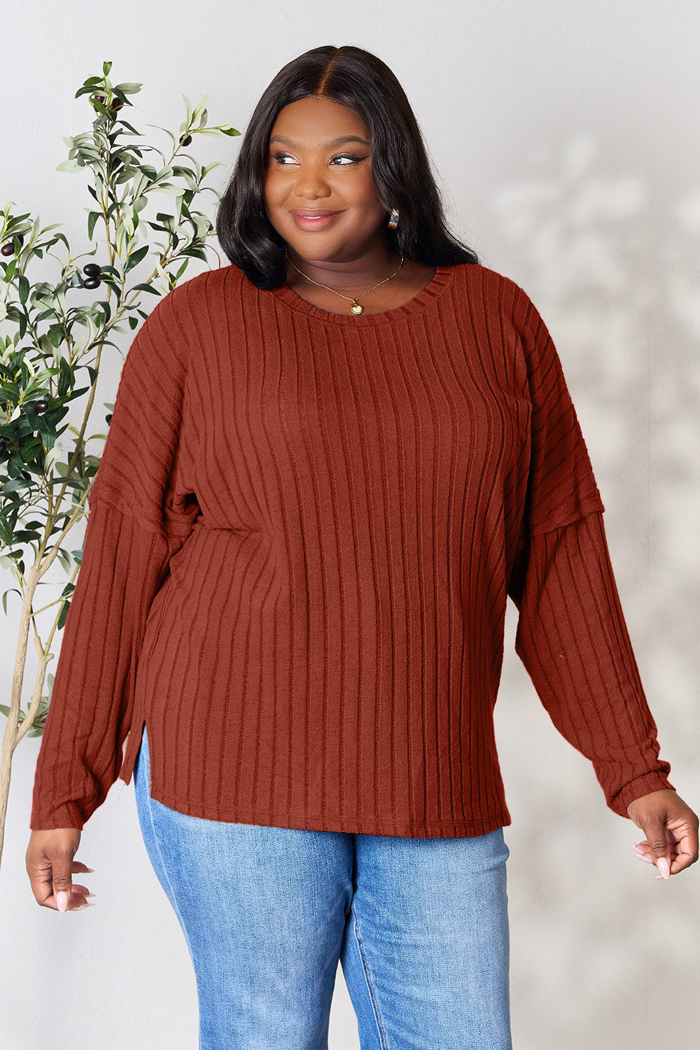 Basic Bae Full Size Ribbed Round Neck Slit Knit Top | Gulf Resellers