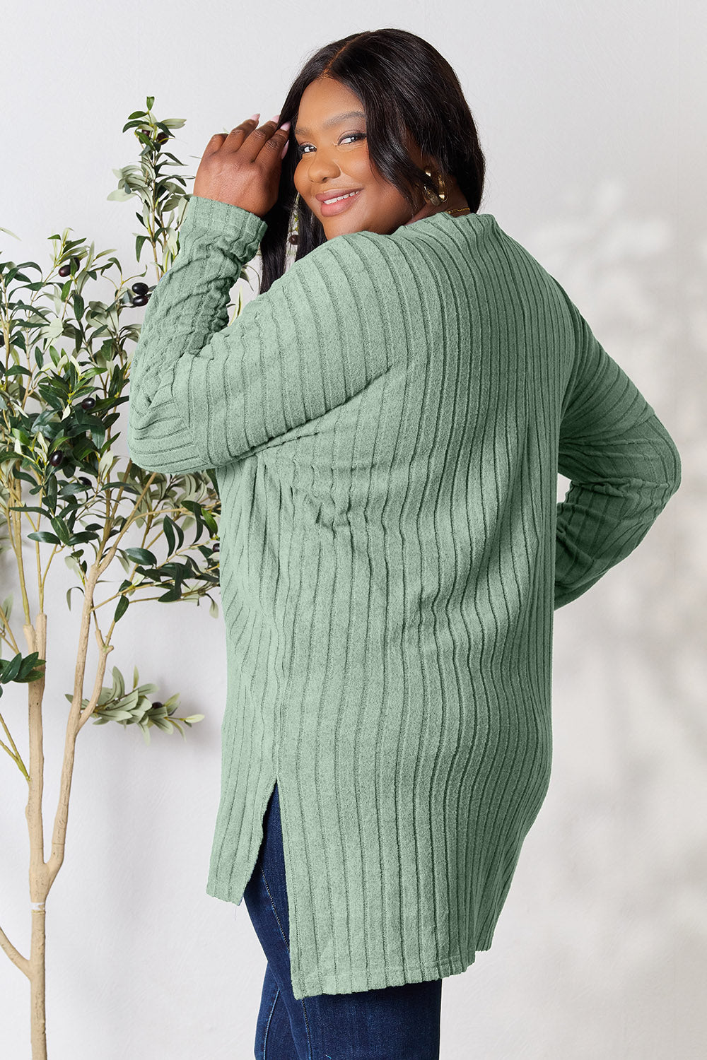 Basic Bae Full Size Ribbed Round Neck Long Sleeve Slit Top | Gulf Resellers