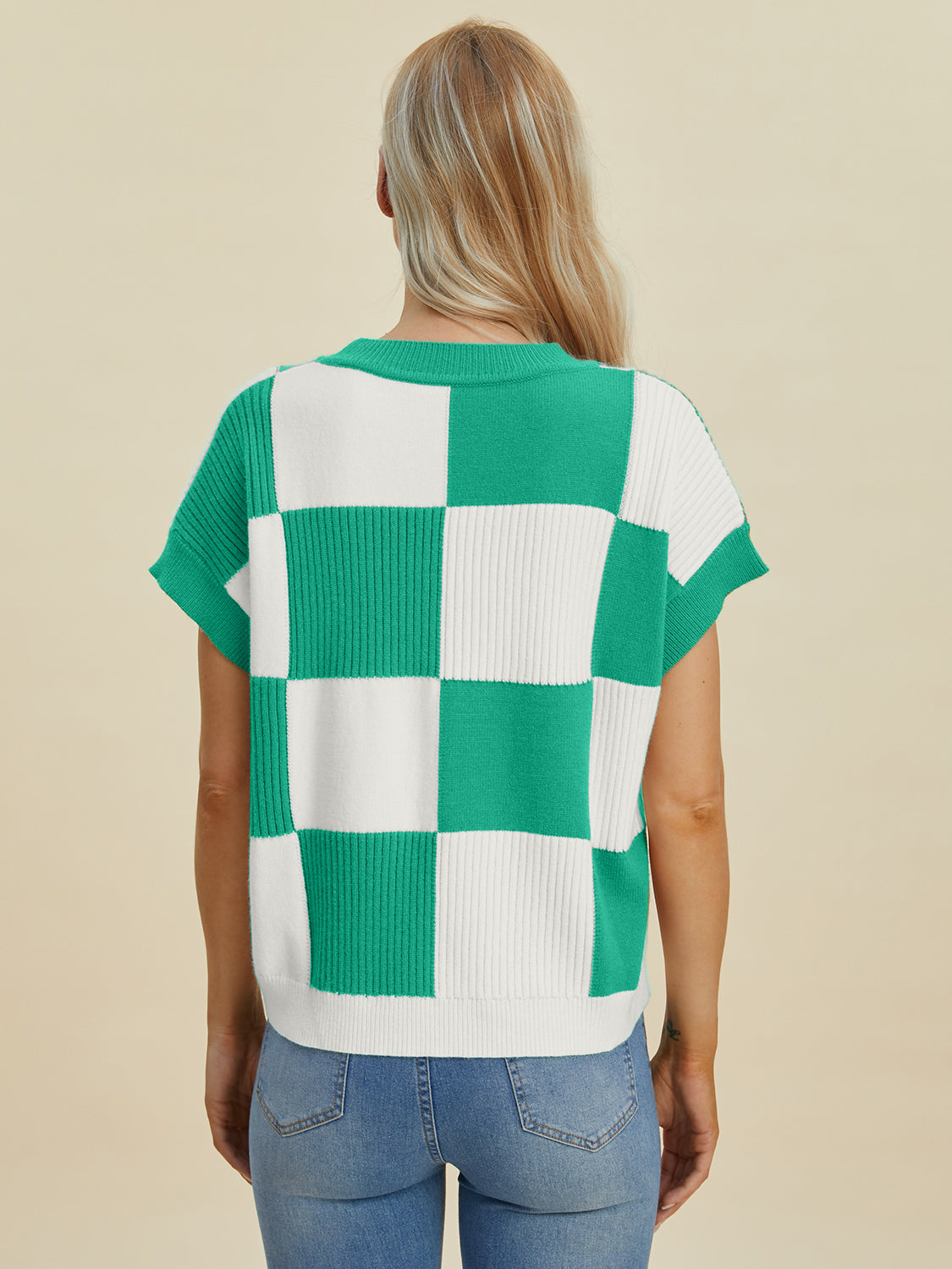 Double Take Full Size Checkered Round Neck Short Sleeve Sweater 8749 | Gulf Resellers