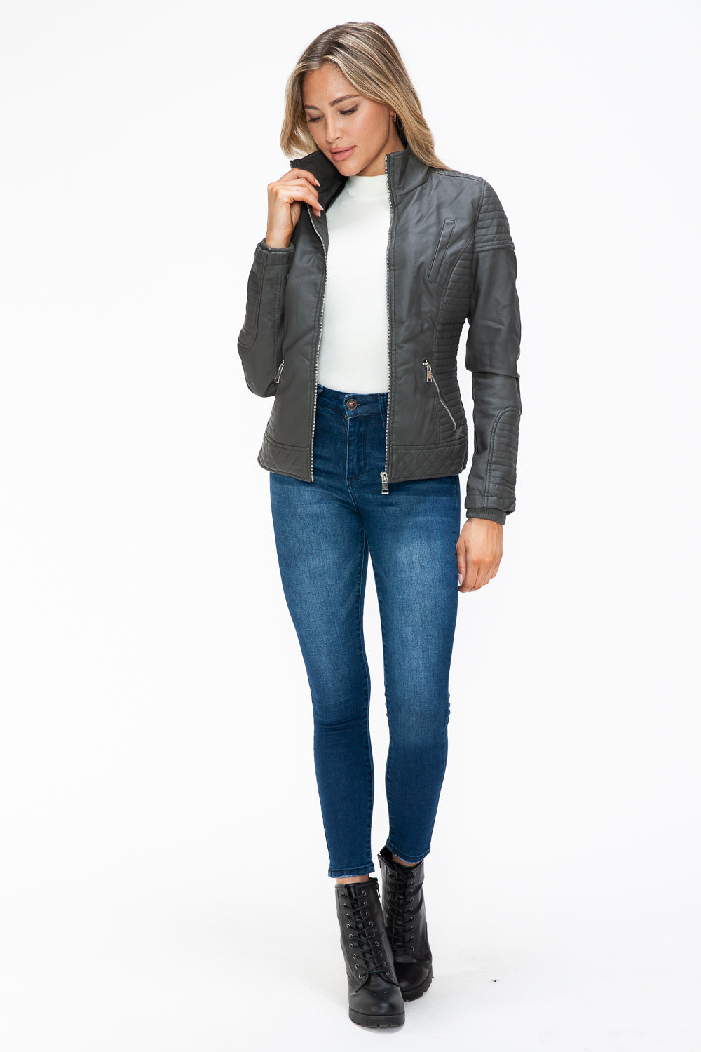 YMI Faux Layered Double-Zipper Jacket with Fuzzy Hood 15401 | Gulf Resellers
