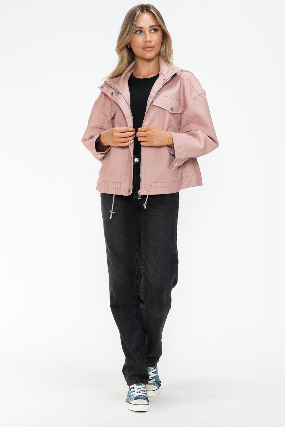 How Dare U Drawstring Hem PU Leather Zip Up Jacket 15563 | Gulf Resellers