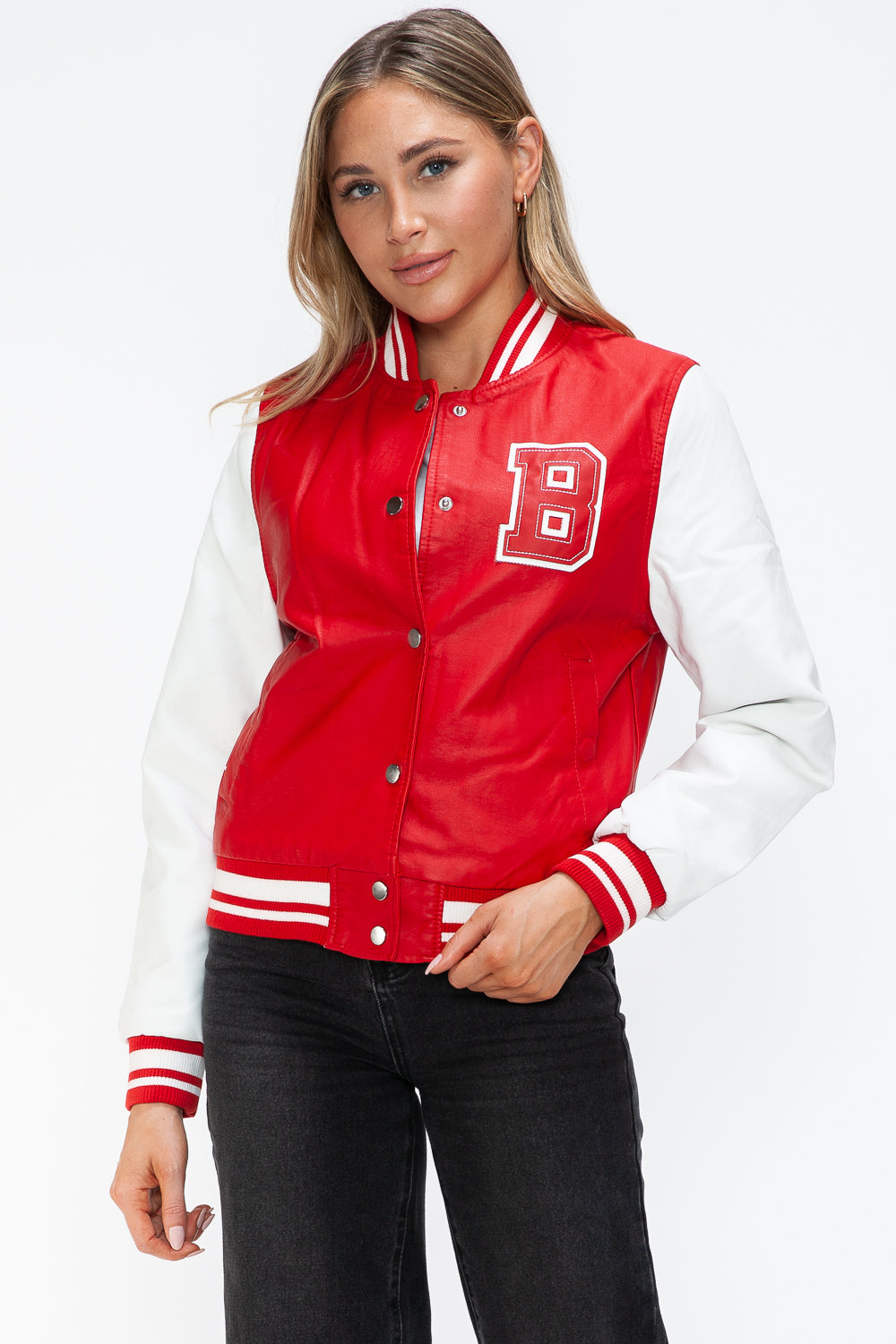 Love Me Now PU Leather Contrast Snap Down Bomber Jacket 15745 | Gulf Resellers