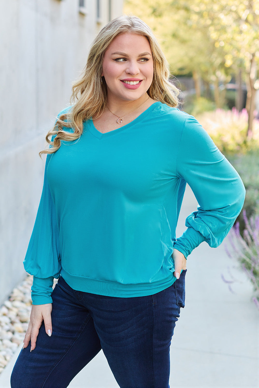 Basic Bae Full Size V-Neck Lantern Sleeve Top 6643 | Gulf Resellers